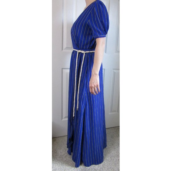 Long Blue Prom Dress Size M Stripes Button Wrap by One O Eight, British Elegant - Picture 4 of 12